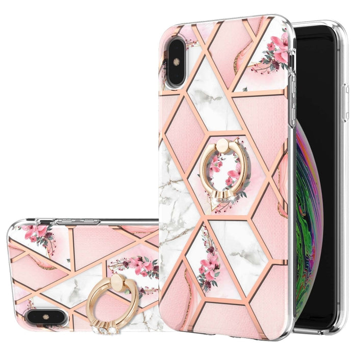 Estuche a prueba de golpes TPU con estampado de flores de mármol y empalme de galvanoplastia con soporte para anillo de diamantes de imitación