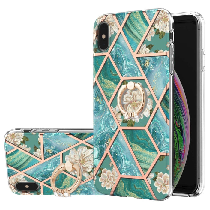 Estuche a prueba de golpes TPU con estampado de flores de mármol y empalme de galvanoplastia con soporte para anillo de diamantes de imitación
