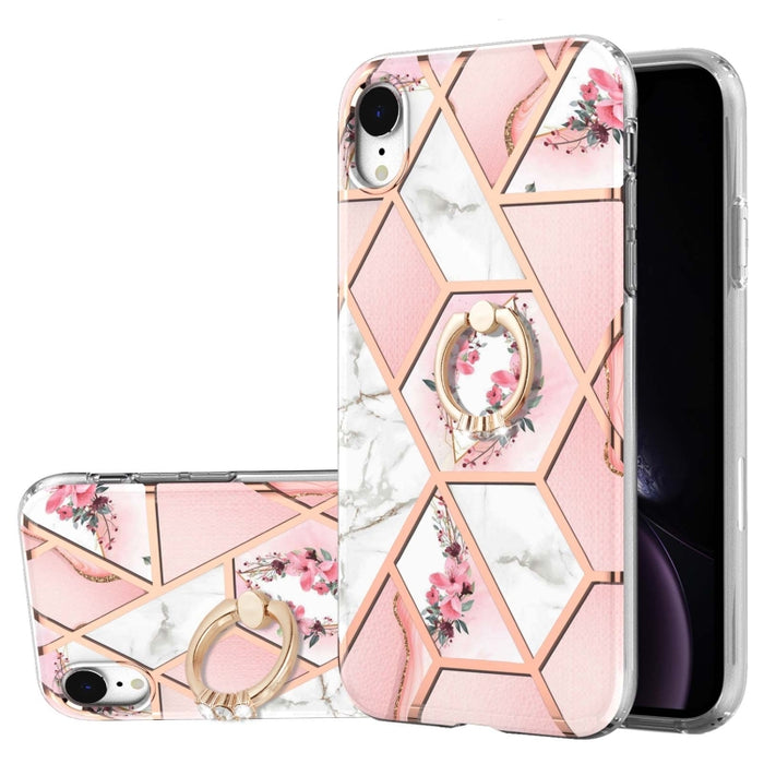 Estuche a prueba de golpes TPU con estampado de flores de mármol y empalme de galvanoplastia con soporte para anillo de diamantes de imitación