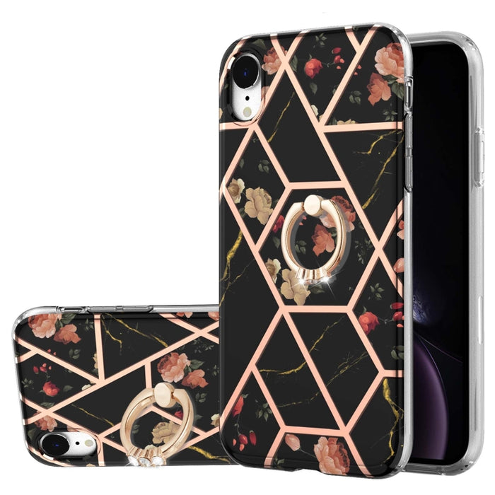 Estuche a prueba de golpes TPU con estampado de flores de mármol y empalme de galvanoplastia con soporte para anillo de diamantes de imitación