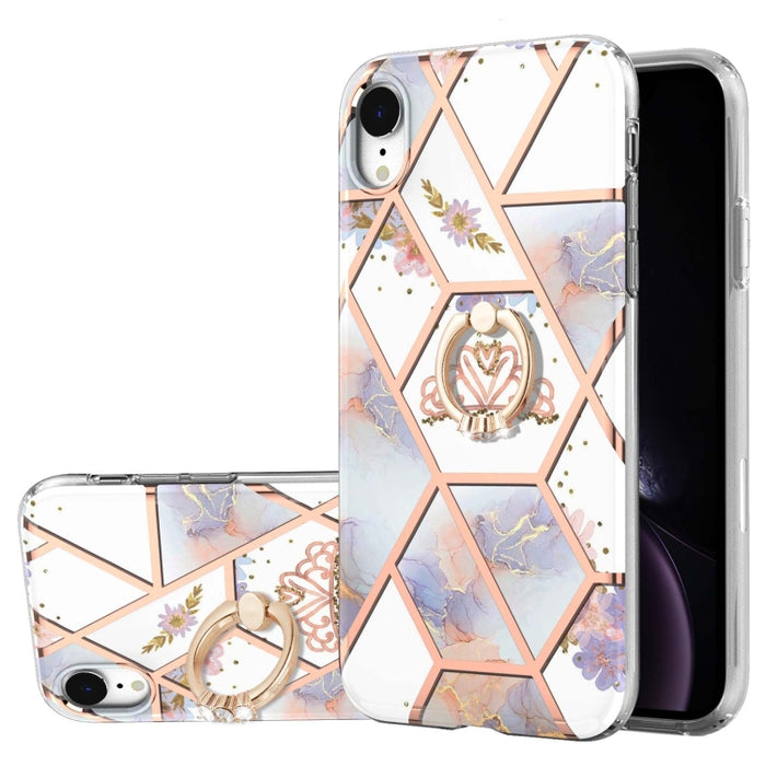 Estuche a prueba de golpes TPU con estampado de flores de mármol y empalme de galvanoplastia con soporte para anillo de diamantes de imitación