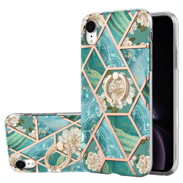 Estuche a prueba de golpes TPU con estampado de flores de mármol y empalme de galvanoplastia con soporte para anillo de diamantes de imitación