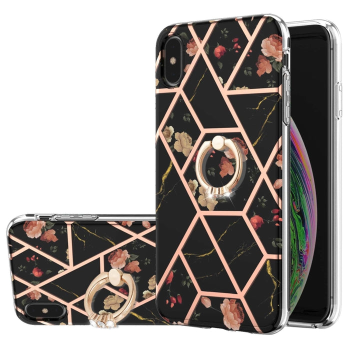 Estuche a prueba de golpes TPU con estampado de flores de mármol y empalme de galvanoplastia con soporte para anillo de diamantes de imitación