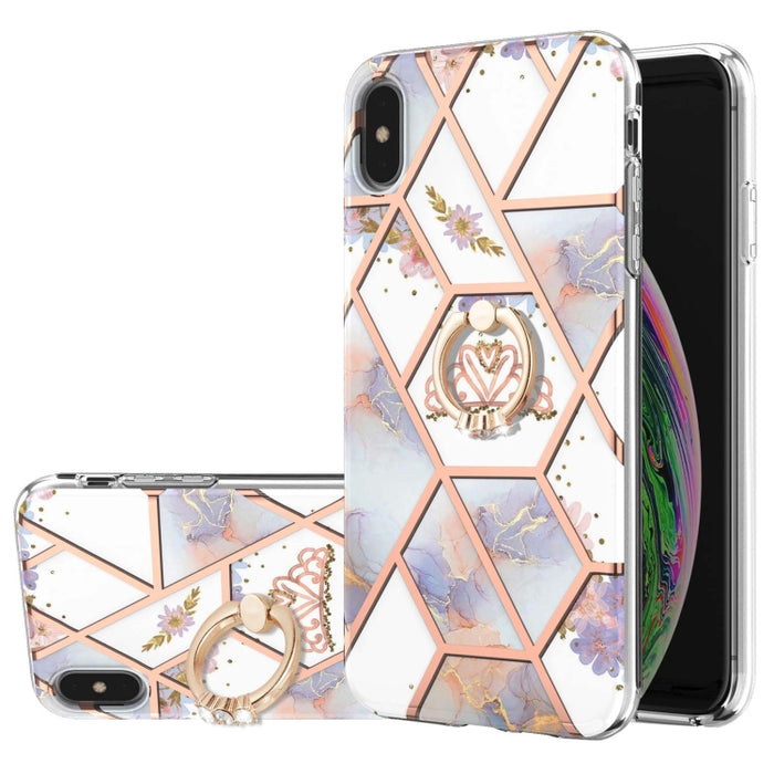 Estuche a prueba de golpes TPU con estampado de flores de mármol y empalme de galvanoplastia con soporte para anillo de diamantes de imitación