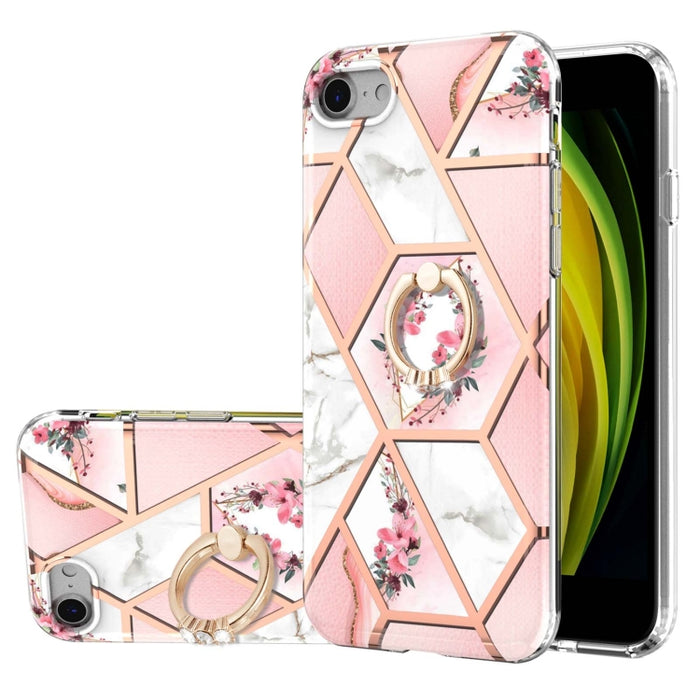Estuche a prueba de golpes TPU con estampado de flores de mármol y empalme de galvanoplastia con soporte para anillo de diamantes de imitación