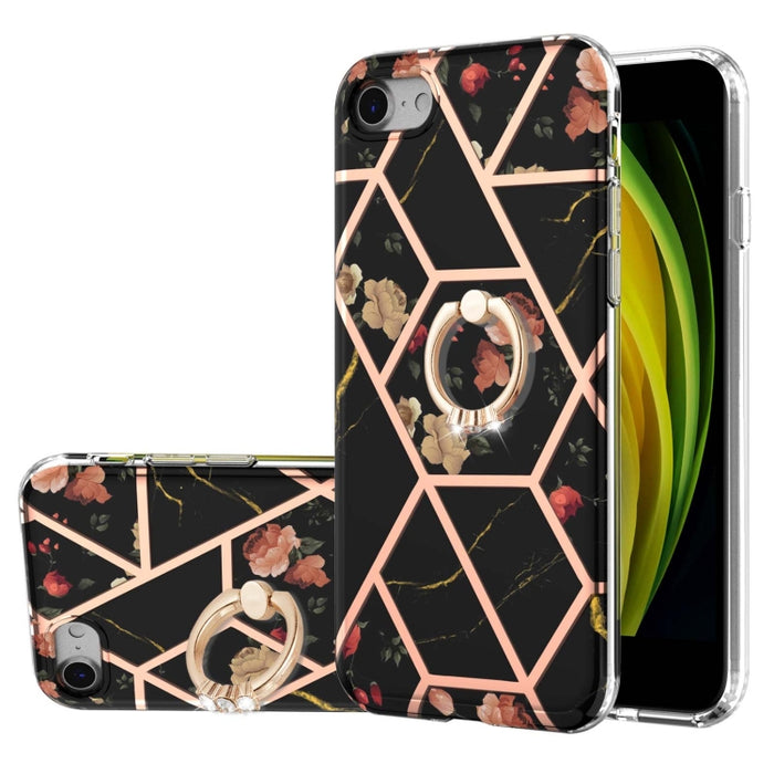 Estuche a prueba de golpes TPU con estampado de flores de mármol y empalme de galvanoplastia con soporte para anillo de diamantes de imitación