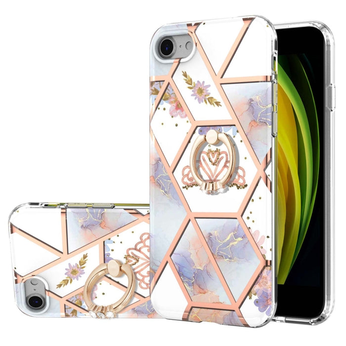 Estuche a prueba de golpes TPU con estampado de flores de mármol y empalme de galvanoplastia con soporte para anillo de diamantes de imitación