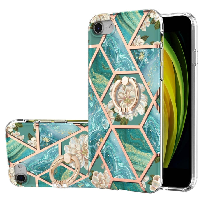 Estuche a prueba de golpes TPU con estampado de flores de mármol y empalme de galvanoplastia con soporte para anillo de diamantes de imitación