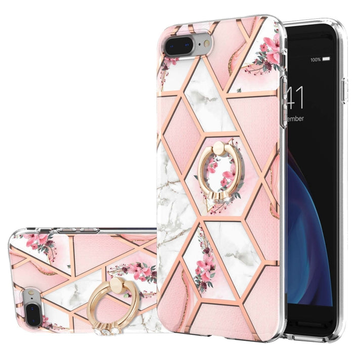 Estuche a prueba de golpes TPU con estampado de flores de mármol y empalme de galvanoplastia con soporte para anillo de diamantes de imitación