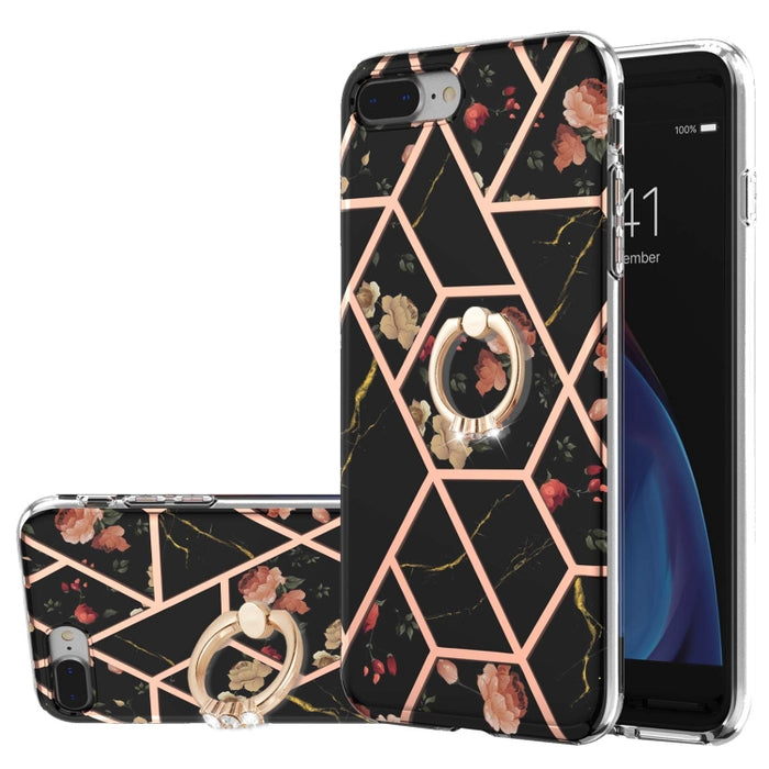 Estuche a prueba de golpes TPU con estampado de flores de mármol y empalme de galvanoplastia con soporte para anillo de diamantes de imitación