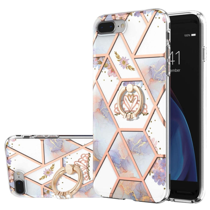 Estuche a prueba de golpes TPU con estampado de flores de mármol y empalme de galvanoplastia con soporte para anillo de diamantes de imitación