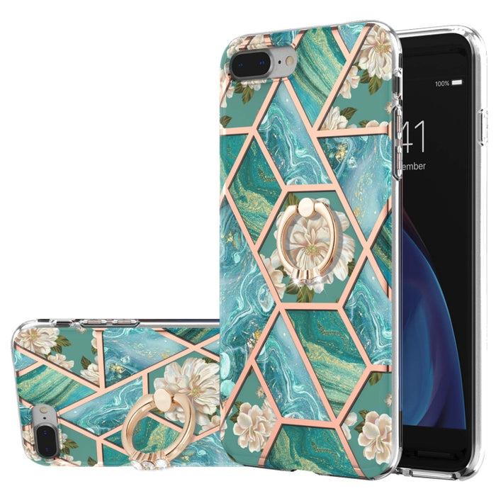 Estuche a prueba de golpes TPU con estampado de flores de mármol y empalme de galvanoplastia con soporte para anillo de diamantes de imitación
