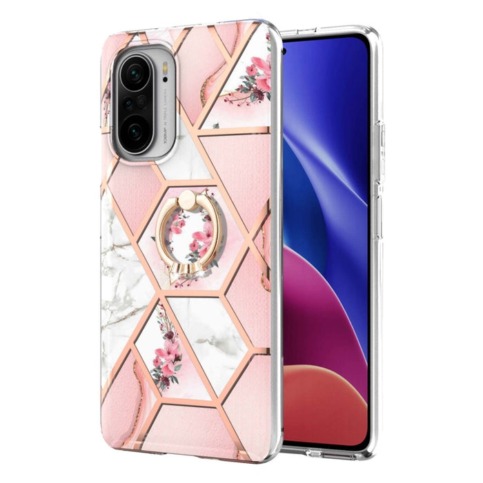 Estuche a prueba de golpes TPU con estampado de flores de mármol y empalme de galvanoplastia con soporte para anillo de diamantes de imitación, For Xiaomi Mi 11i, For Xiaomi Poco M3, For Xiaomi Redmi 9A, For Xiaomi Mi 10 Lite, For Xiaomi Mi 10T Lite   ...