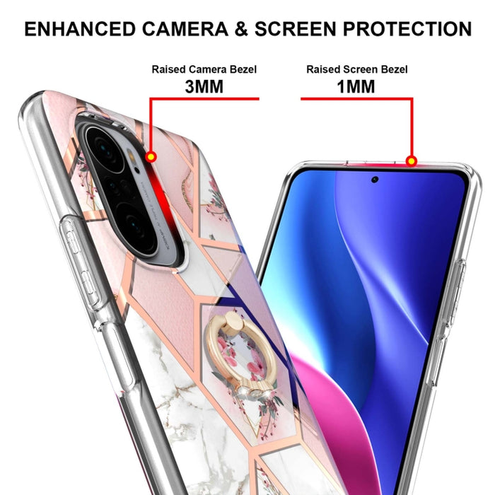 Estuche a prueba de golpes TPU con estampado de flores de mármol y empalme de galvanoplastia con soporte para anillo de diamantes de imitación, For Xiaomi Mi 11i, For Xiaomi Poco M3, For Xiaomi Redmi 9A, For Xiaomi Mi 10 Lite, For Xiaomi Mi 10T Lite   ...