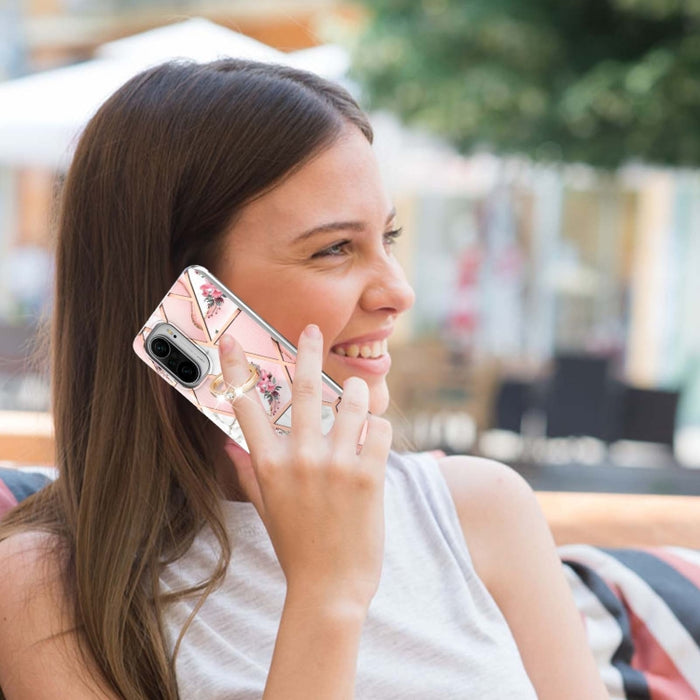 Estuche a prueba de golpes TPU con estampado de flores de mármol y empalme de galvanoplastia con soporte para anillo de diamantes de imitación, For Xiaomi Mi 11i, For Xiaomi Poco M3, For Xiaomi Redmi 9A, For Xiaomi Mi 10 Lite, For Xiaomi Mi 10T Lite   ...