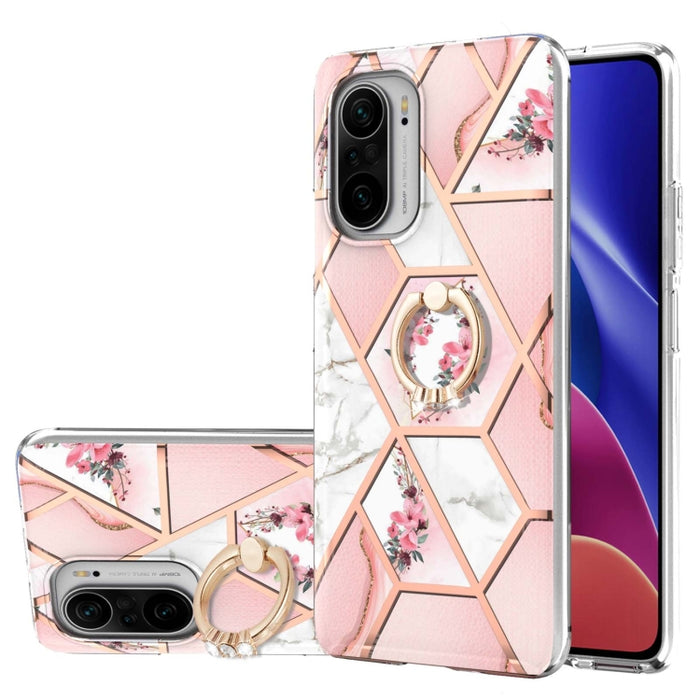 Estuche a prueba de golpes TPU con estampado de flores de mármol y empalme de galvanoplastia con soporte para anillo de diamantes de imitación, For Xiaomi Mi 11i, For Xiaomi Poco M3, For Xiaomi Redmi 9A, For Xiaomi Mi 10 Lite, For Xiaomi Mi 10T Lite   ...