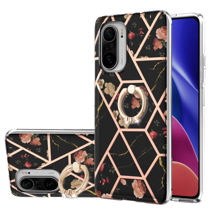 Estuche a prueba de golpes TPU con estampado de flores de mármol y empalme de galvanoplastia con soporte para anillo de diamantes de imitación, For Xiaomi Mi 11i, For Xiaomi Poco M3, For Xiaomi Redmi 9A, For Xiaomi Mi 10 Lite, For Xiaomi Mi 10T Lite   ...