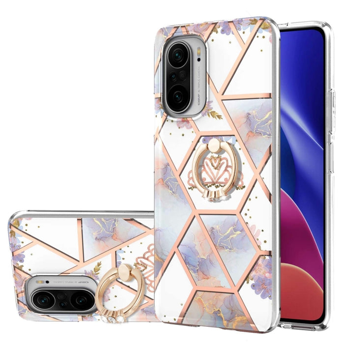 Estuche a prueba de golpes TPU con estampado de flores de mármol y empalme de galvanoplastia con soporte para anillo de diamantes de imitación, For Xiaomi Mi 11i, For Xiaomi Poco M3, For Xiaomi Redmi 9A, For Xiaomi Mi 10 Lite, For Xiaomi Mi 10T Lite   ...