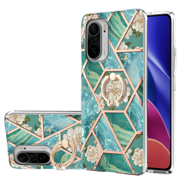 Estuche a prueba de golpes TPU con estampado de flores de mármol y empalme de galvanoplastia con soporte para anillo de diamantes de imitación, For Xiaomi Mi 11i, For Xiaomi Poco M3, For Xiaomi Redmi 9A, For Xiaomi Mi 10 Lite, For Xiaomi Mi 10T Lite   ...