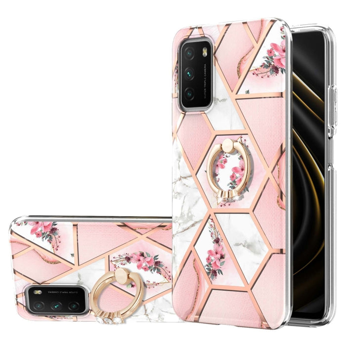 Estuche a prueba de golpes TPU con estampado de flores de mármol y empalme de galvanoplastia con soporte para anillo de diamantes de imitación, For Xiaomi Mi 11i, For Xiaomi Poco M3, For Xiaomi Redmi 9A, For Xiaomi Mi 10 Lite, For Xiaomi Mi 10T Lite   ...