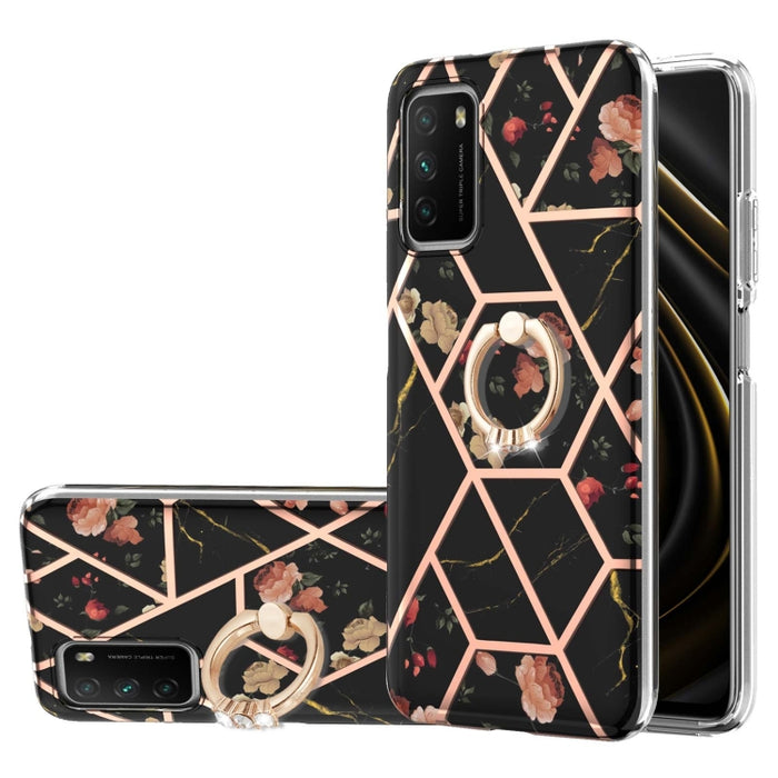 Estuche a prueba de golpes TPU con estampado de flores de mármol y empalme de galvanoplastia con soporte para anillo de diamantes de imitación, For Xiaomi Mi 11i, For Xiaomi Poco M3, For Xiaomi Redmi 9A, For Xiaomi Mi 10 Lite, For Xiaomi Mi 10T Lite   ...
