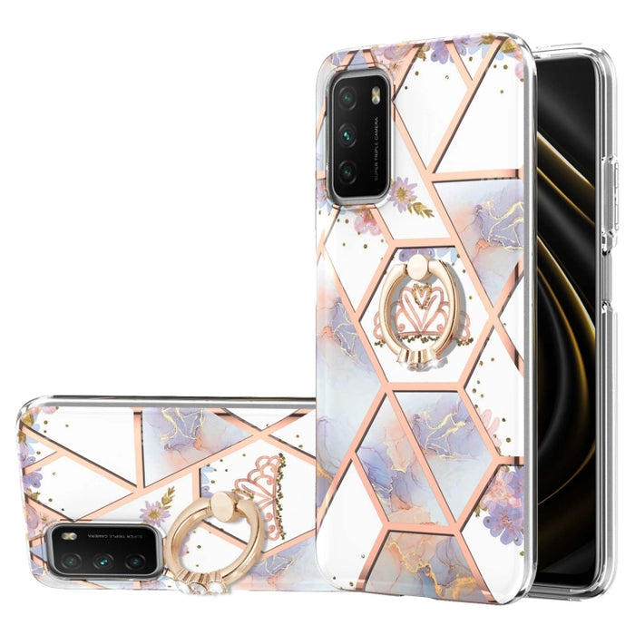 Estuche a prueba de golpes TPU con estampado de flores de mármol y empalme de galvanoplastia con soporte para anillo de diamantes de imitación, For Xiaomi Mi 11i, For Xiaomi Poco M3, For Xiaomi Redmi 9A, For Xiaomi Mi 10 Lite, For Xiaomi Mi 10T Lite   ...