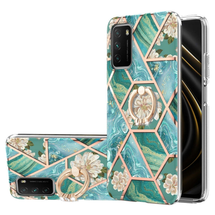 Estuche a prueba de golpes TPU con estampado de flores de mármol y empalme de galvanoplastia con soporte para anillo de diamantes de imitación, For Xiaomi Mi 11i, For Xiaomi Poco M3, For Xiaomi Redmi 9A, For Xiaomi Mi 10 Lite, For Xiaomi Mi 10T Lite   ...