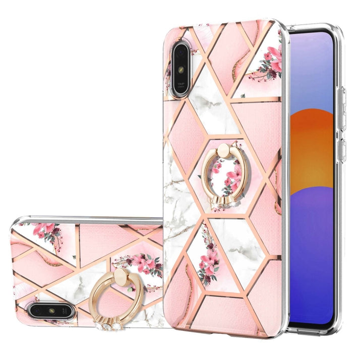 Estuche a prueba de golpes TPU con estampado de flores de mármol y empalme de galvanoplastia con soporte para anillo de diamantes de imitación, For Xiaomi Mi 11i, For Xiaomi Poco M3, For Xiaomi Redmi 9A, For Xiaomi Mi 10 Lite, For Xiaomi Mi 10T Lite   ...
