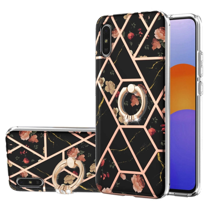 Estuche a prueba de golpes TPU con estampado de flores de mármol y empalme de galvanoplastia con soporte para anillo de diamantes de imitación, For Xiaomi Mi 11i, For Xiaomi Poco M3, For Xiaomi Redmi 9A, For Xiaomi Mi 10 Lite, For Xiaomi Mi 10T Lite   ...
