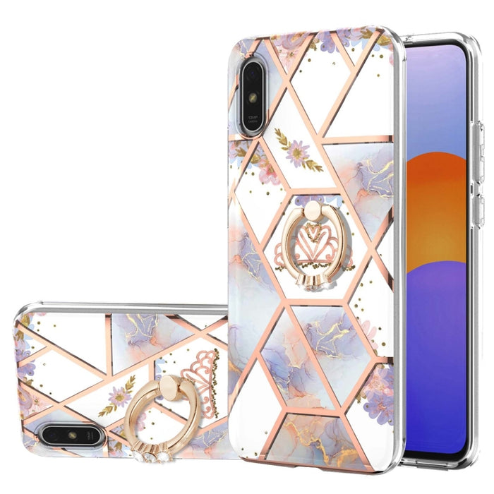 Estuche a prueba de golpes TPU con estampado de flores de mármol y empalme de galvanoplastia con soporte para anillo de diamantes de imitación, For Xiaomi Mi 11i, For Xiaomi Poco M3, For Xiaomi Redmi 9A, For Xiaomi Mi 10 Lite, For Xiaomi Mi 10T Lite   ...