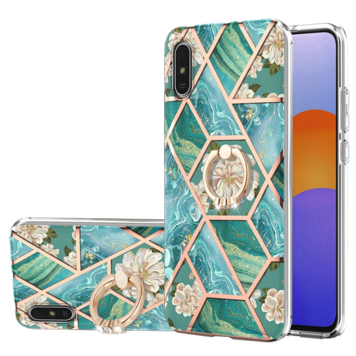 Estuche a prueba de golpes TPU con estampado de flores de mármol y empalme de galvanoplastia con soporte para anillo de diamantes de imitación, For Xiaomi Mi 11i, For Xiaomi Poco M3, For Xiaomi Redmi 9A, For Xiaomi Mi 10 Lite, For Xiaomi Mi 10T Lite   ...