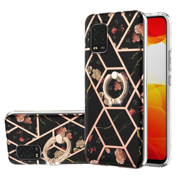 Estuche a prueba de golpes TPU con estampado de flores de mármol y empalme de galvanoplastia con soporte para anillo de diamantes de imitación, For Xiaomi Mi 11i, For Xiaomi Poco M3, For Xiaomi Redmi 9A, For Xiaomi Mi 10 Lite, For Xiaomi Mi 10T Lite   ...