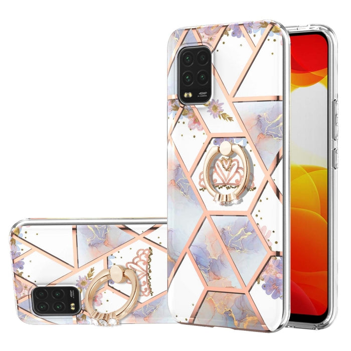 Estuche a prueba de golpes TPU con estampado de flores de mármol y empalme de galvanoplastia con soporte para anillo de diamantes de imitación, For Xiaomi Mi 11i, For Xiaomi Poco M3, For Xiaomi Redmi 9A, For Xiaomi Mi 10 Lite, For Xiaomi Mi 10T Lite   ...