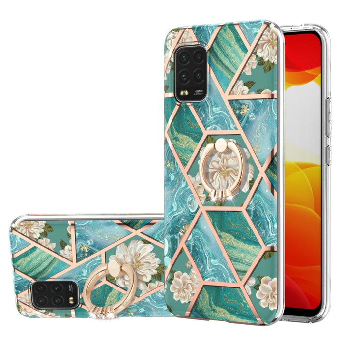 Estuche a prueba de golpes TPU con estampado de flores de mármol y empalme de galvanoplastia con soporte para anillo de diamantes de imitación, For Xiaomi Mi 11i, For Xiaomi Poco M3, For Xiaomi Redmi 9A, For Xiaomi Mi 10 Lite, For Xiaomi Mi 10T Lite   ...