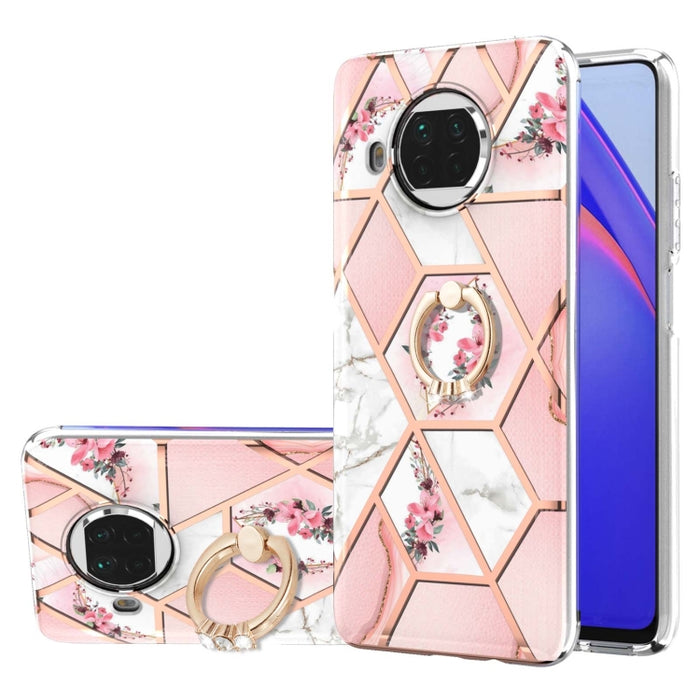 Estuche a prueba de golpes TPU con estampado de flores de mármol y empalme de galvanoplastia con soporte para anillo de diamantes de imitación, For Xiaomi Mi 11i, For Xiaomi Poco M3, For Xiaomi Redmi 9A, For Xiaomi Mi 10 Lite, For Xiaomi Mi 10T Lite   ...