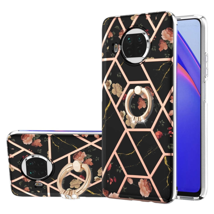 Estuche a prueba de golpes TPU con estampado de flores de mármol y empalme de galvanoplastia con soporte para anillo de diamantes de imitación, For Xiaomi Mi 11i, For Xiaomi Poco M3, For Xiaomi Redmi 9A, For Xiaomi Mi 10 Lite, For Xiaomi Mi 10T Lite   ...