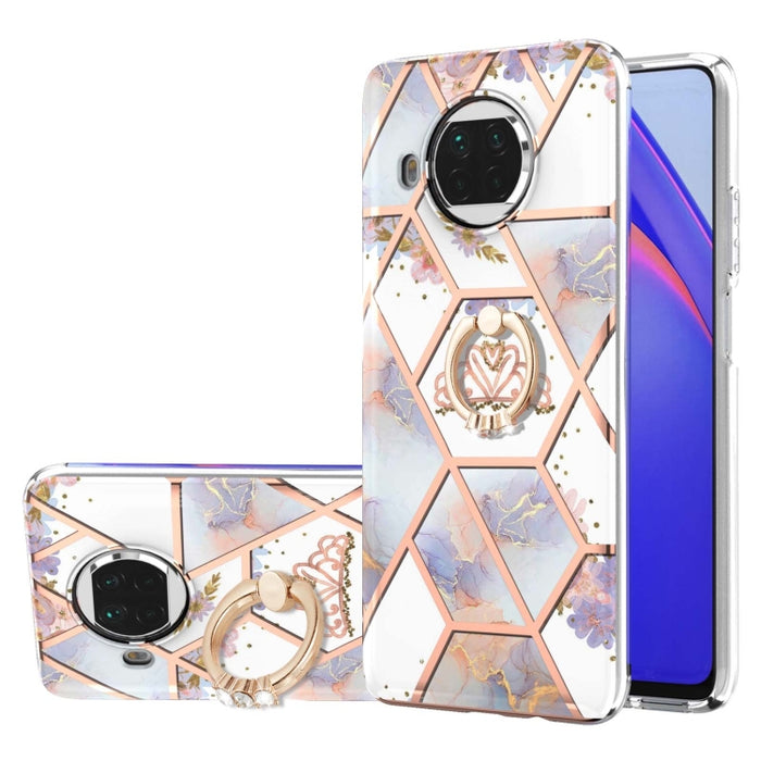 Estuche a prueba de golpes TPU con estampado de flores de mármol y empalme de galvanoplastia con soporte para anillo de diamantes de imitación, For Xiaomi Mi 11i, For Xiaomi Poco M3, For Xiaomi Redmi 9A, For Xiaomi Mi 10 Lite, For Xiaomi Mi 10T Lite   ...