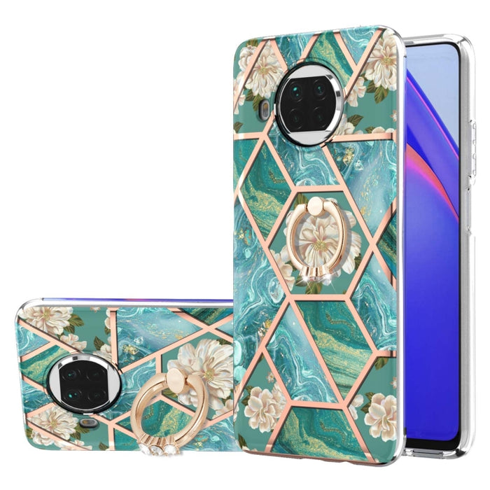 Estuche a prueba de golpes TPU con estampado de flores de mármol y empalme de galvanoplastia con soporte para anillo de diamantes de imitación, For Xiaomi Mi 11i, For Xiaomi Poco M3, For Xiaomi Redmi 9A, For Xiaomi Mi 10 Lite, For Xiaomi Mi 10T Lite   ...