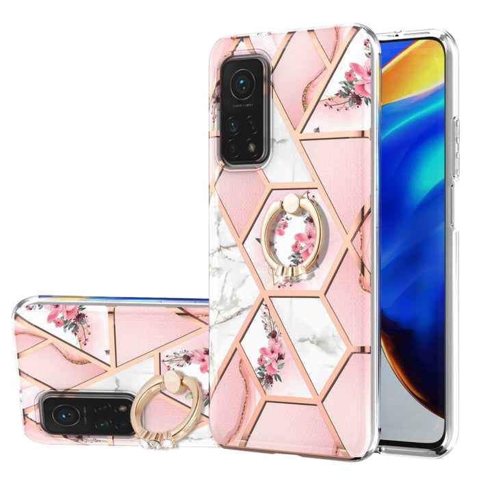 Estuche a prueba de golpes TPU con estampado de flores de mármol y empalme de galvanoplastia con soporte para anillo de diamantes de imitación, For Xiaomi Mi 11i, For Xiaomi Poco M3, For Xiaomi Redmi 9A, For Xiaomi Mi 10 Lite, For Xiaomi Mi 10T Lite   ...