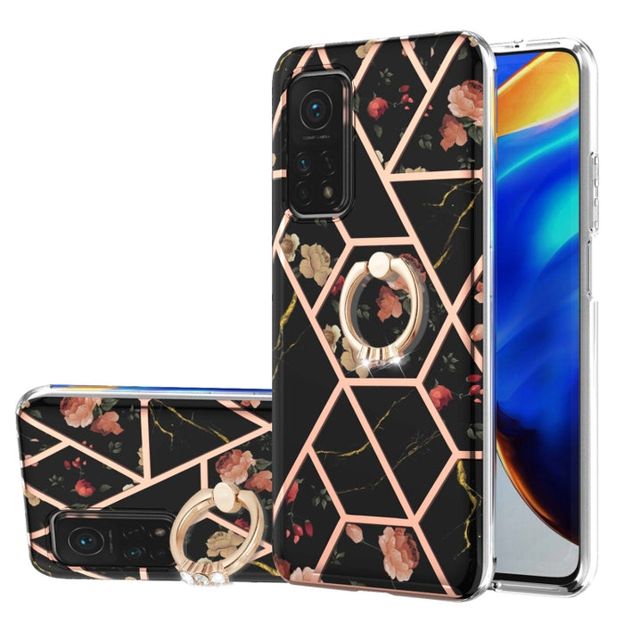 Estuche a prueba de golpes TPU con estampado de flores de mármol y empalme de galvanoplastia con soporte para anillo de diamantes de imitación, For Xiaomi Mi 11i, For Xiaomi Poco M3, For Xiaomi Redmi 9A, For Xiaomi Mi 10 Lite, For Xiaomi Mi 10T Lite   ...