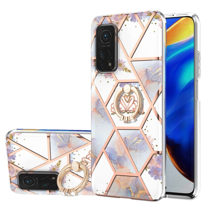Estuche a prueba de golpes TPU con estampado de flores de mármol y empalme de galvanoplastia con soporte para anillo de diamantes de imitación, For Xiaomi Mi 11i, For Xiaomi Poco M3, For Xiaomi Redmi 9A, For Xiaomi Mi 10 Lite, For Xiaomi Mi 10T Lite   ...