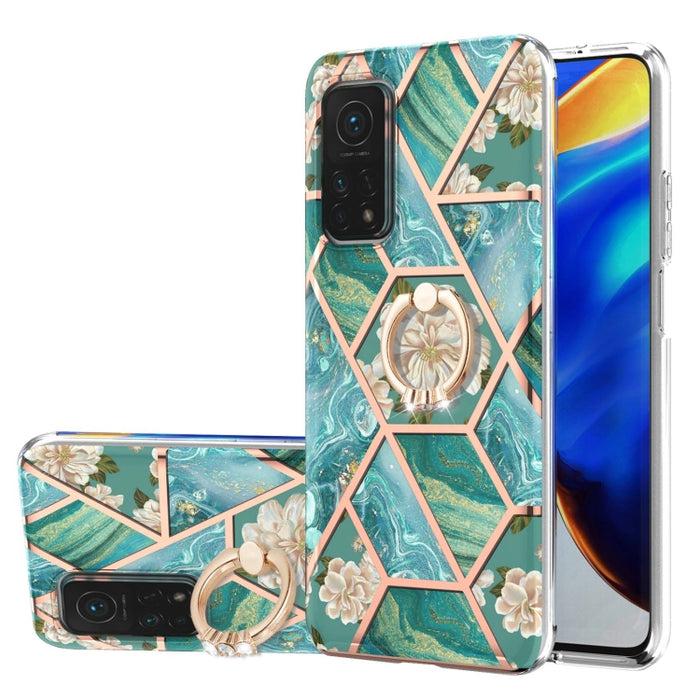 Estuche a prueba de golpes TPU con estampado de flores de mármol y empalme de galvanoplastia con soporte para anillo de diamantes de imitación, For Xiaomi Mi 11i, For Xiaomi Poco M3, For Xiaomi Redmi 9A, For Xiaomi Mi 10 Lite, For Xiaomi Mi 10T Lite   ...