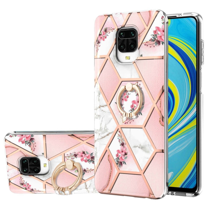 Estuche a prueba de golpes TPU con estampado de flores de mármol y empalme de galvanoplastia con soporte para anillo de diamantes de imitación, For Xiaomi Mi 11i, For Xiaomi Poco M3, For Xiaomi Redmi 9A, For Xiaomi Mi 10 Lite, For Xiaomi Mi 10T Lite   ...