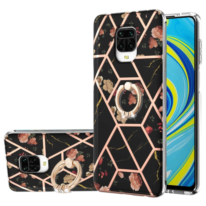 Estuche a prueba de golpes TPU con estampado de flores de mármol y empalme de galvanoplastia con soporte para anillo de diamantes de imitación, For Xiaomi Mi 11i, For Xiaomi Poco M3, For Xiaomi Redmi 9A, For Xiaomi Mi 10 Lite, For Xiaomi Mi 10T Lite   ...