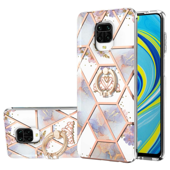 Estuche a prueba de golpes TPU con estampado de flores de mármol y empalme de galvanoplastia con soporte para anillo de diamantes de imitación, For Xiaomi Mi 11i, For Xiaomi Poco M3, For Xiaomi Redmi 9A, For Xiaomi Mi 10 Lite, For Xiaomi Mi 10T Lite   ...