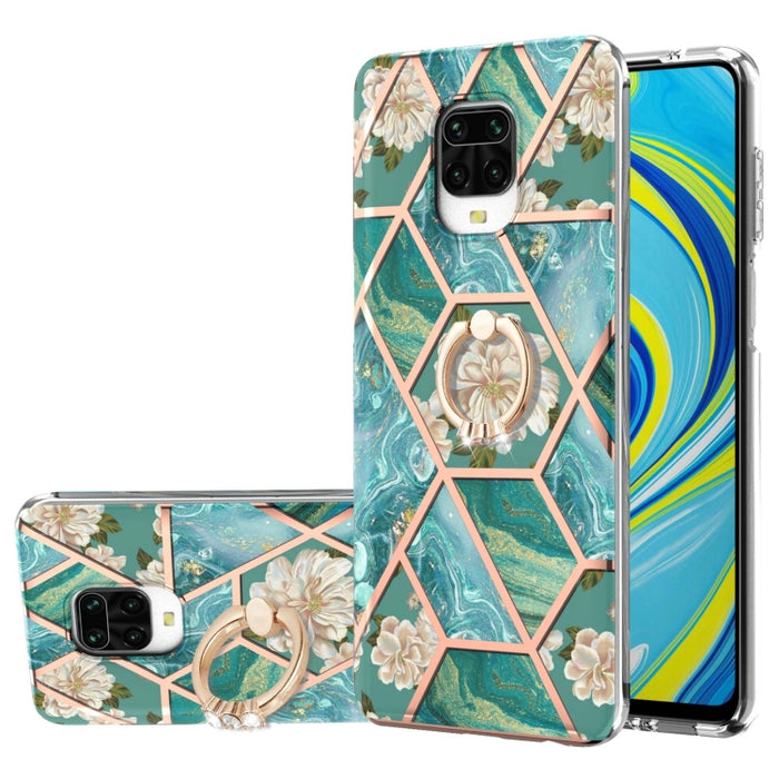 Estuche a prueba de golpes TPU con estampado de flores de mármol y empalme de galvanoplastia con soporte para anillo de diamantes de imitación, For Xiaomi Mi 11i, For Xiaomi Poco M3, For Xiaomi Redmi 9A, For Xiaomi Mi 10 Lite, For Xiaomi Mi 10T Lite   ...