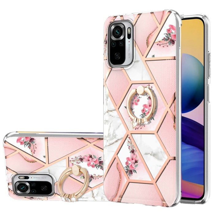 Estuche a prueba de golpes TPU con estampado de flores de mármol y empalme de galvanoplastia con soporte para anillo de diamantes de imitación, For Xiaomi Mi 11i, For Xiaomi Poco M3, For Xiaomi Redmi 9A, For Xiaomi Mi 10 Lite, For Xiaomi Mi 10T Lite   ...
