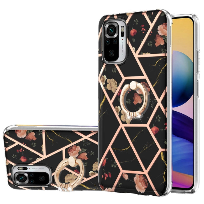 Estuche a prueba de golpes TPU con estampado de flores de mármol y empalme de galvanoplastia con soporte para anillo de diamantes de imitación, For Xiaomi Mi 11i, For Xiaomi Poco M3, For Xiaomi Redmi 9A, For Xiaomi Mi 10 Lite, For Xiaomi Mi 10T Lite   ...