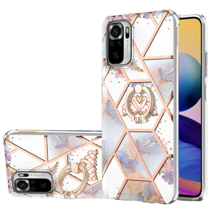Estuche a prueba de golpes TPU con estampado de flores de mármol y empalme de galvanoplastia con soporte para anillo de diamantes de imitación, For Xiaomi Mi 11i, For Xiaomi Poco M3, For Xiaomi Redmi 9A, For Xiaomi Mi 10 Lite, For Xiaomi Mi 10T Lite   ...