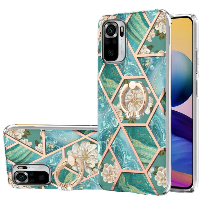 Estuche a prueba de golpes TPU con estampado de flores de mármol y empalme de galvanoplastia con soporte para anillo de diamantes de imitación, For Xiaomi Mi 11i, For Xiaomi Poco M3, For Xiaomi Redmi 9A, For Xiaomi Mi 10 Lite, For Xiaomi Mi 10T Lite   ...
